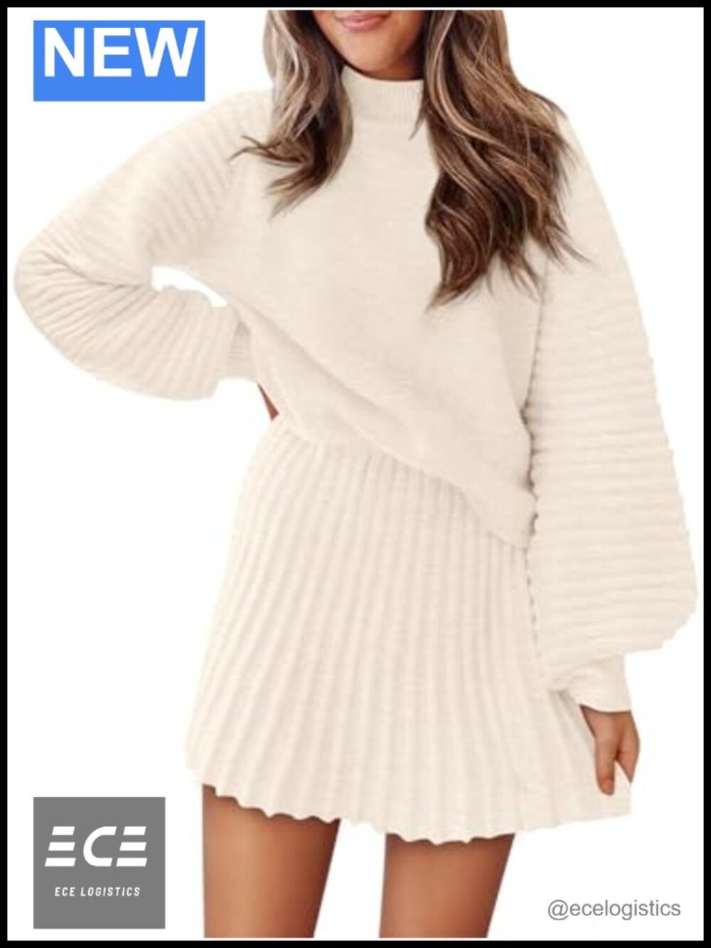 Womens 2 Piece Knit Sweater Set Mock Neck Puff Sleeve Top Mini Skirt